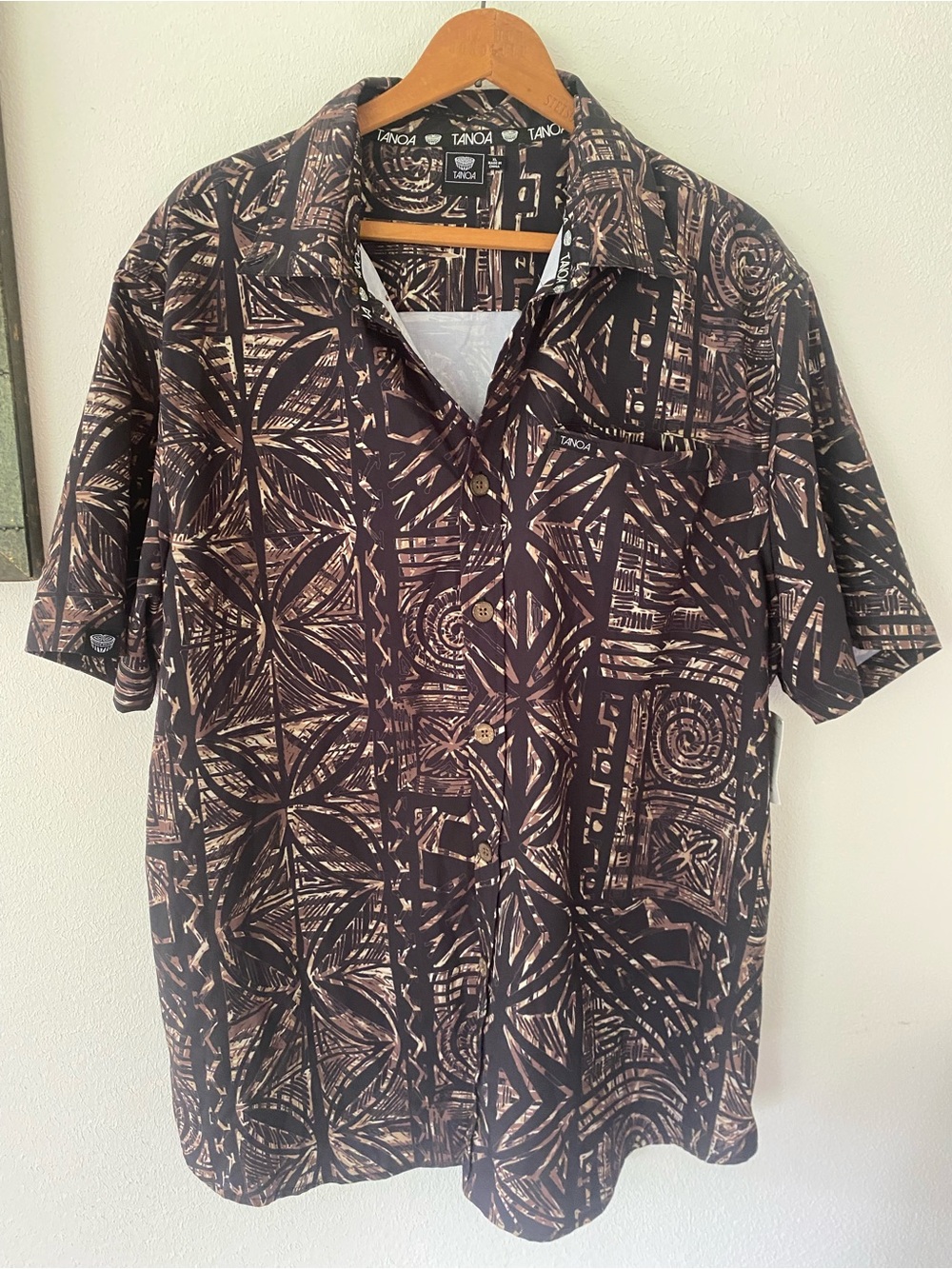 Tanoa Short-Sleeve Button-Down Shirt in Brown & Black Abstract Print